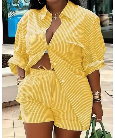 2 Piece Outfits for Women Long Sleeve Printed Shirt and Elastic Lace-Up Shorts with Pockets Sexy Casual Sport Set Yellow Stri...