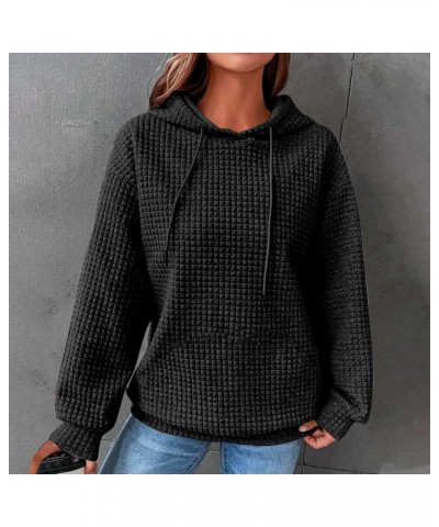 Womens Waffle Knit Long Sleeve Hoodies Oversized Drawstring Casual Sweatshirts black of friday clothes deals 2023 Black L bla...