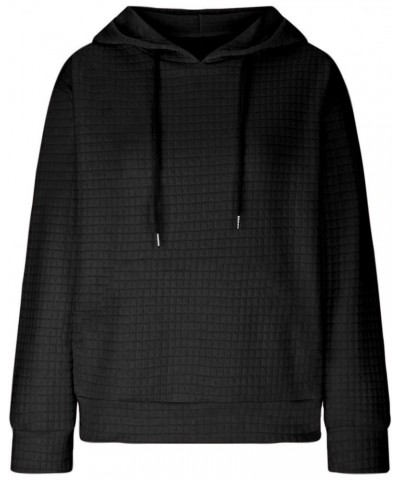 Womens Waffle Knit Long Sleeve Hoodies Oversized Drawstring Casual Sweatshirts black of friday clothes deals 2023 Black L bla...