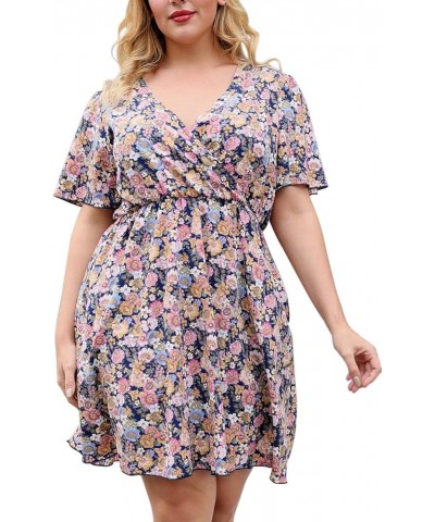 Womens Casual V-Neck Plus Size Summer Boho Swing Wrap Dress with Pockets NEM266 Blue Pink $20.51 Dresses