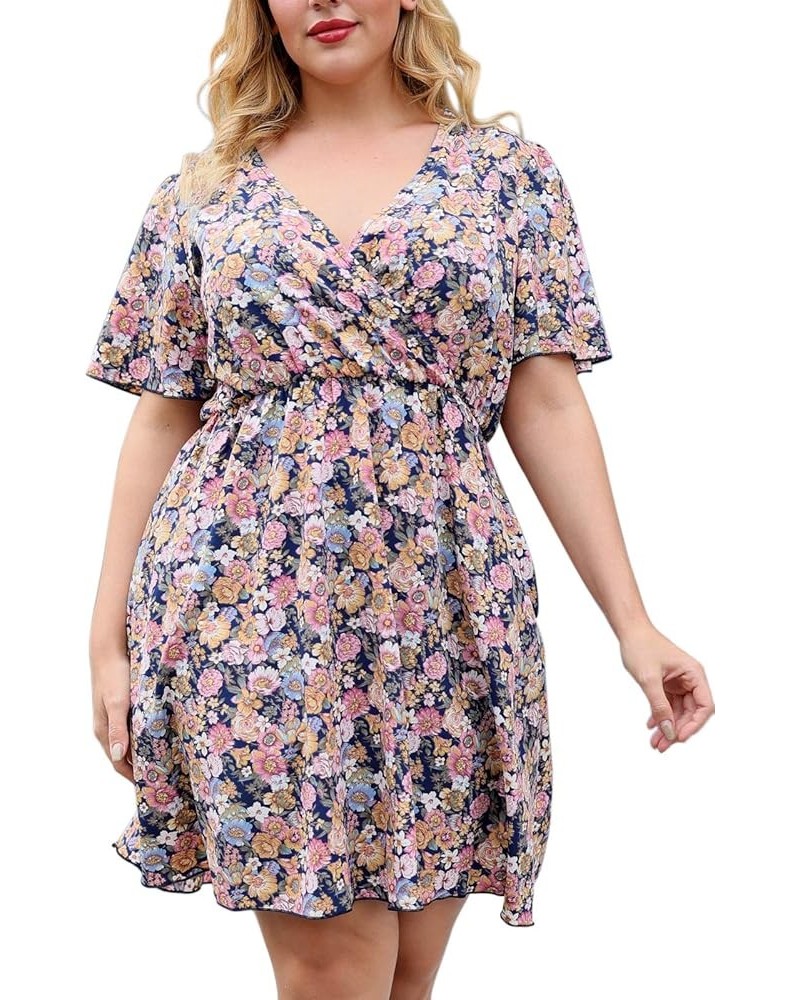 Womens Casual V-Neck Plus Size Summer Boho Swing Wrap Dress with Pockets NEM266 Blue Pink $20.51 Dresses