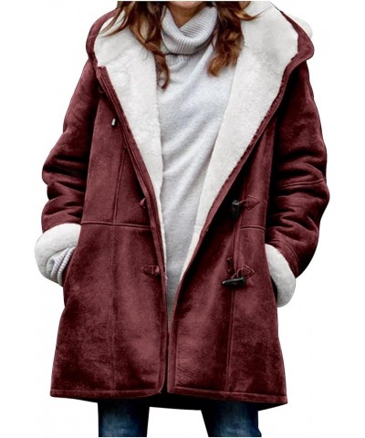 Womens Sherpa Lined Jackets Fashion Winter Fuzzy Fleece Hoodie Sweatshirt Casual Soft Cozy Horn Button Down Coats G10-wine $9...