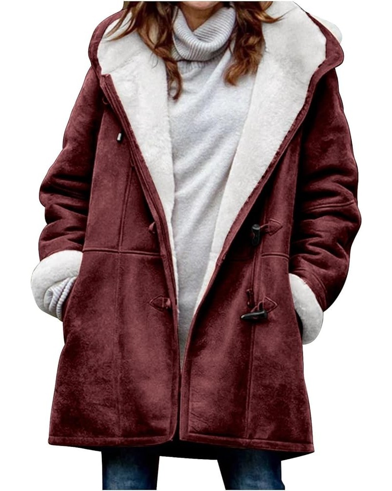 Womens Sherpa Lined Jackets Fashion Winter Fuzzy Fleece Hoodie Sweatshirt Casual Soft Cozy Horn Button Down Coats G10-wine $9...