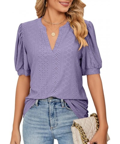 Womens Short Sleeve Shirts Dressy Puff Sleeve Tops V Neck T-Shirts Casual Eyelet Tunic Tops Trendy Summer Purple $16.81 Tops