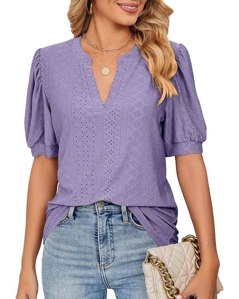 Womens Short Sleeve Shirts Dressy Puff Sleeve Tops V Neck T-Shirts Casual Eyelet Tunic Tops Trendy Summer Purple $16.81 Tops