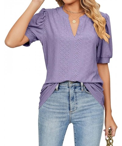 Womens Short Sleeve Shirts Dressy Puff Sleeve Tops V Neck T-Shirts Casual Eyelet Tunic Tops Trendy Summer Purple $16.81 Tops