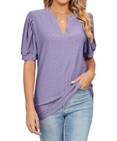 Womens Short Sleeve Shirts Dressy Puff Sleeve Tops V Neck T-Shirts Casual Eyelet Tunic Tops Trendy Summer Purple $16.81 Tops