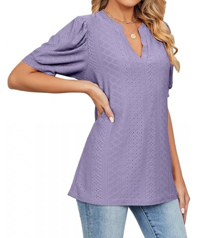 Womens Short Sleeve Shirts Dressy Puff Sleeve Tops V Neck T-Shirts Casual Eyelet Tunic Tops Trendy Summer Purple $16.81 Tops