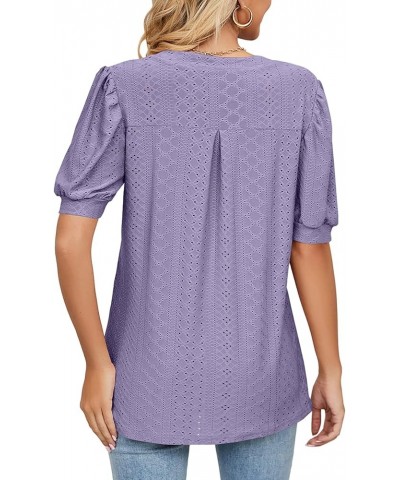 Womens Short Sleeve Shirts Dressy Puff Sleeve Tops V Neck T-Shirts Casual Eyelet Tunic Tops Trendy Summer Purple $16.81 Tops