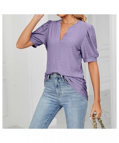 Womens Short Sleeve Shirts Dressy Puff Sleeve Tops V Neck T-Shirts Casual Eyelet Tunic Tops Trendy Summer Purple $16.81 Tops