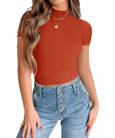 Womens Double Lined Mock Neck Crop Tops Summer Short Sleeve Shirts Basic T Shirt Orange $10.74 T-Shirts