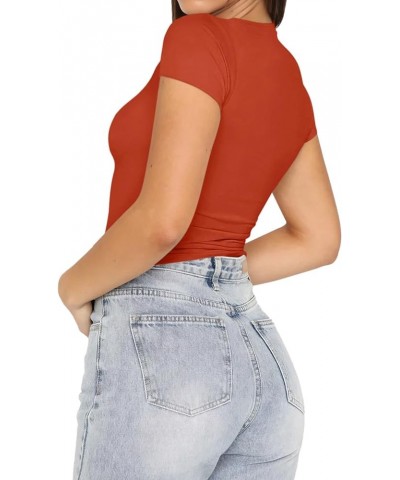 Womens Double Lined Mock Neck Crop Tops Summer Short Sleeve Shirts Basic T Shirt Orange $10.74 T-Shirts