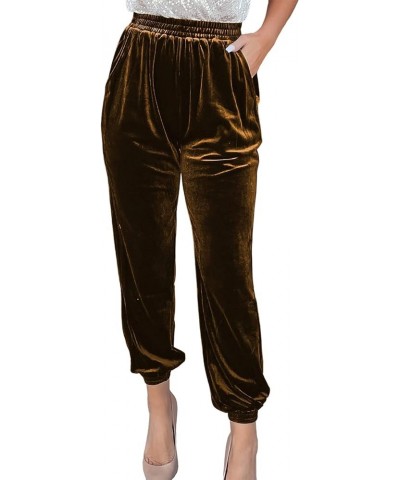 Women Velvet Pants Elastic High Waist Long Velour Joggers Harem Pants with Pockets Brown $14.89 Pants