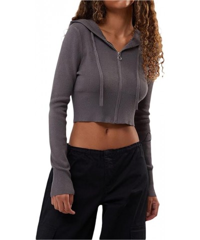 Women Zip Up Knit Hoodies Long Sleeve Drawstring Cardigans Sweaters Basic Autumn Winter Hooded Sweatshirts Outwear F-gray Thi...