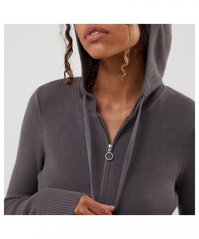 Women Zip Up Knit Hoodies Long Sleeve Drawstring Cardigans Sweaters Basic Autumn Winter Hooded Sweatshirts Outwear F-gray Thi...