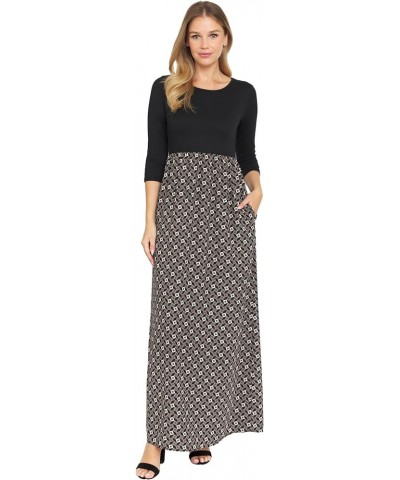 Eloges Women's ¾ Sleeve Contrast Floral | Stripe Maxi Dress Black/Tile Print $9.53 Dresses