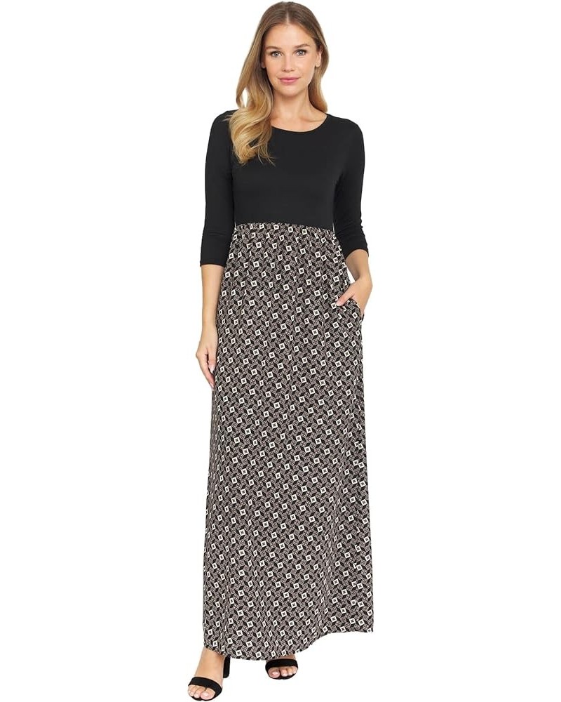 Eloges Women's ¾ Sleeve Contrast Floral | Stripe Maxi Dress Black/Tile Print $9.53 Dresses