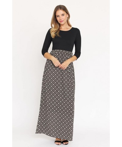 Eloges Women's ¾ Sleeve Contrast Floral | Stripe Maxi Dress Black/Tile Print $9.53 Dresses