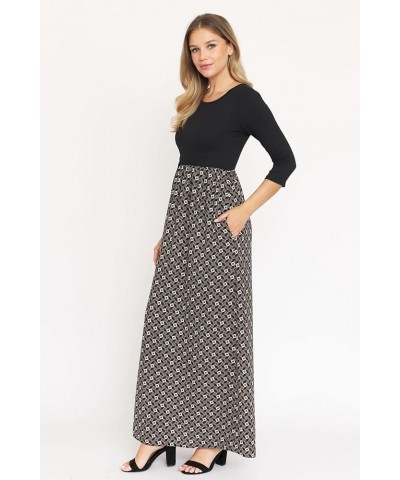 Eloges Women's ¾ Sleeve Contrast Floral | Stripe Maxi Dress Black/Tile Print $9.53 Dresses