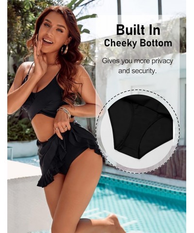 Womens High Waisted Bikini Push Up Tankini Bathing Suits Ruffle Swim Skirt 2 Piece Swimsuit Black $20.68 Swimsuits