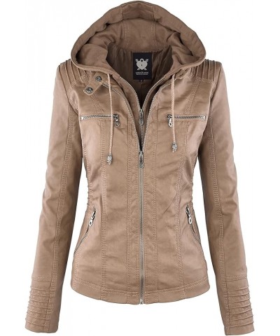 Women's Removable Hooded Faux Leather Jacket Moto Biker Coat Wjc663_taupe $26.63 Coats