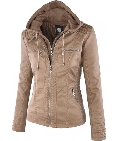 Women's Removable Hooded Faux Leather Jacket Moto Biker Coat Wjc663_taupe $26.63 Coats