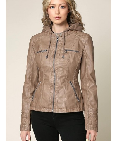 Women's Removable Hooded Faux Leather Jacket Moto Biker Coat Wjc663_taupe $26.63 Coats