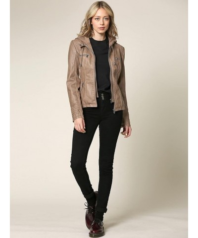 Women's Removable Hooded Faux Leather Jacket Moto Biker Coat Wjc663_taupe $26.63 Coats