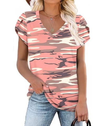 Womens Summer Tunic Tops Petal Short Sleeve T-Shirts Casual V-Neck Blouses Loose Beach Basic Tee Shirts 1-camouflage-pink $14...