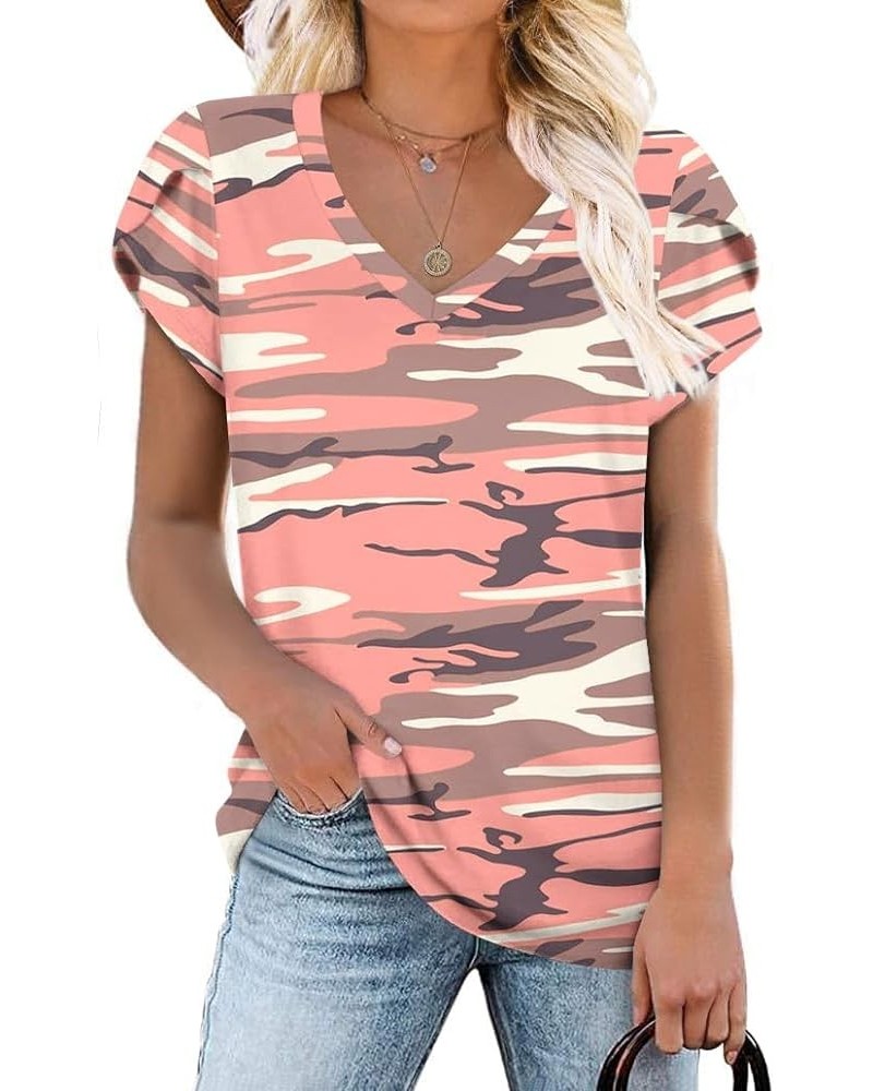 Womens Summer Tunic Tops Petal Short Sleeve T-Shirts Casual V-Neck Blouses Loose Beach Basic Tee Shirts 1-camouflage-pink $14...