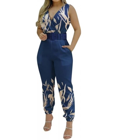 Womens Jumpsuits Casual Summer Fashion Print Slim Fit Overalls V Neck High Waists Sleeveless Rompers with Belt 01blue $12.20 ...