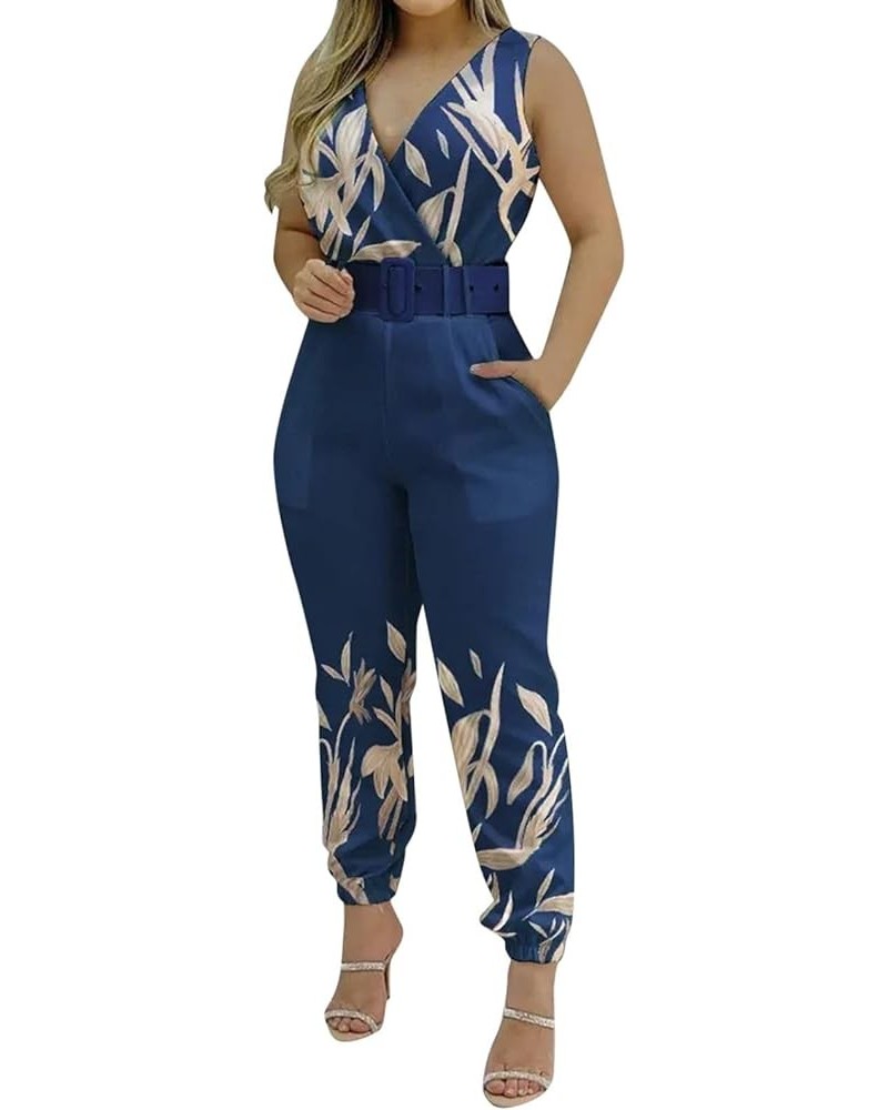 Womens Jumpsuits Casual Summer Fashion Print Slim Fit Overalls V Neck High Waists Sleeveless Rompers with Belt 01blue $12.20 ...