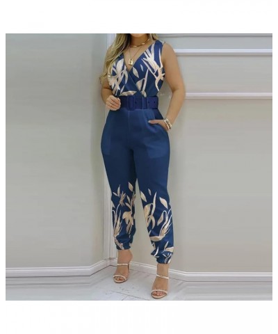 Womens Jumpsuits Casual Summer Fashion Print Slim Fit Overalls V Neck High Waists Sleeveless Rompers with Belt 01blue $12.20 ...