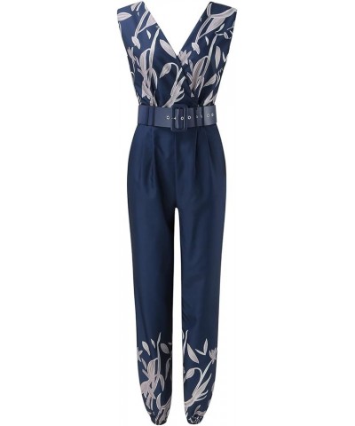 Womens Jumpsuits Casual Summer Fashion Print Slim Fit Overalls V Neck High Waists Sleeveless Rompers with Belt 01blue $12.20 ...