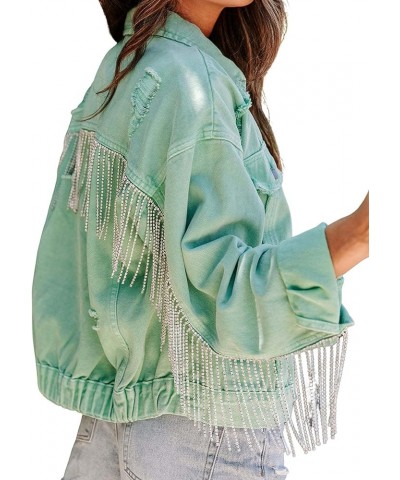 Womens Ripped Crop Rhinestone Fringe Denim Jacket Casual Cowgirl Tassel Jean Coat Z02sagegreen $26.95 Jackets