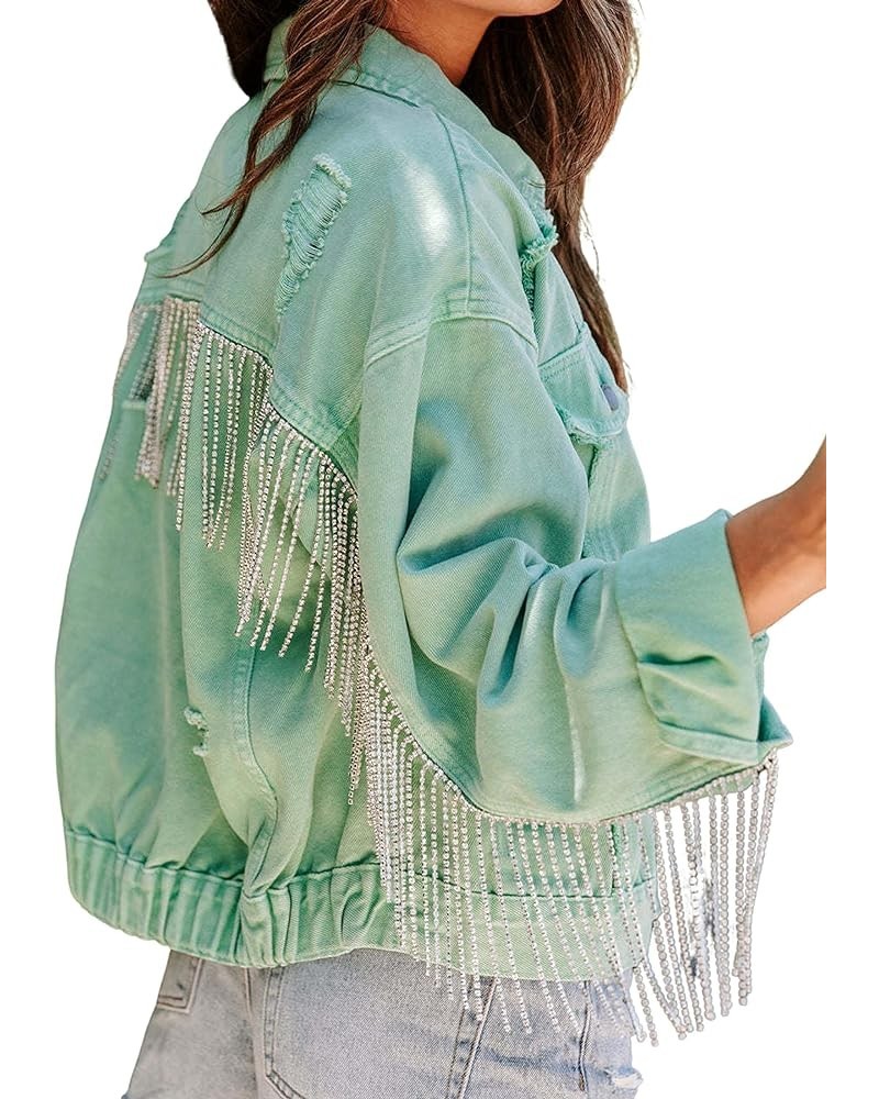 Womens Ripped Crop Rhinestone Fringe Denim Jacket Casual Cowgirl Tassel Jean Coat Z02sagegreen $26.95 Jackets