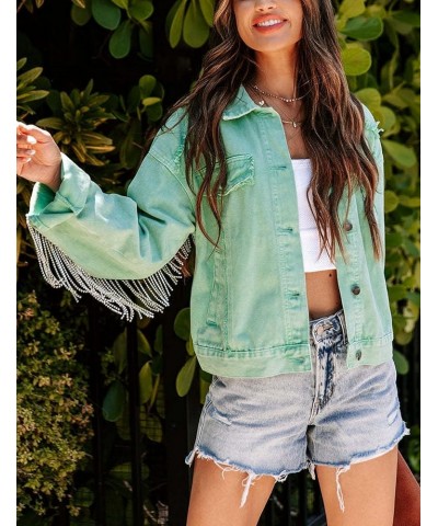 Womens Ripped Crop Rhinestone Fringe Denim Jacket Casual Cowgirl Tassel Jean Coat Z02sagegreen $26.95 Jackets