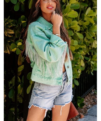 Womens Ripped Crop Rhinestone Fringe Denim Jacket Casual Cowgirl Tassel Jean Coat Z02sagegreen $26.95 Jackets