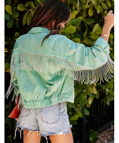 Womens Ripped Crop Rhinestone Fringe Denim Jacket Casual Cowgirl Tassel Jean Coat Z02sagegreen $26.95 Jackets