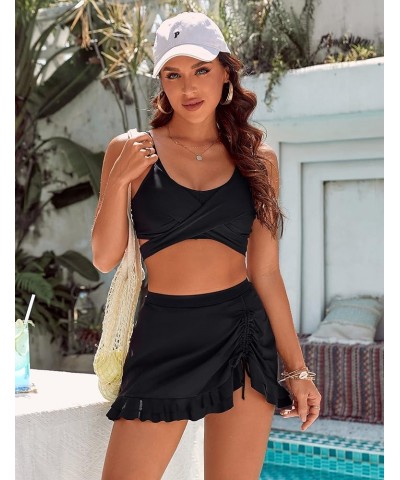 Womens High Waisted Bikini Push Up Tankini Bathing Suits Ruffle Swim Skirt 2 Piece Swimsuit Black $20.68 Swimsuits