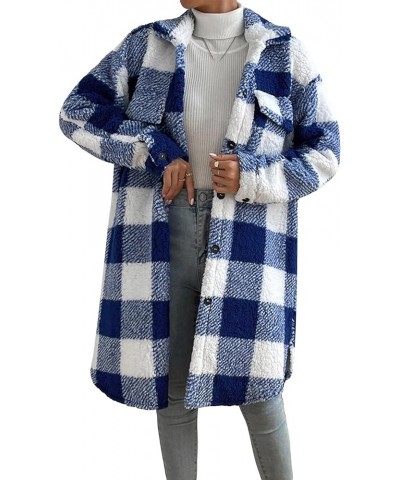 Women's Winter Coat Fuzzy Fleece Sherpa Jacket Long Sleeve Button Down Coat Black White Grid Plush Warm Outerwear Blue $16.52...