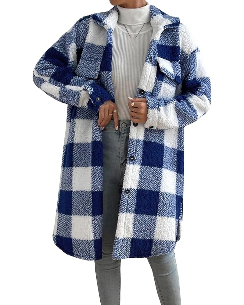 Women's Winter Coat Fuzzy Fleece Sherpa Jacket Long Sleeve Button Down Coat Black White Grid Plush Warm Outerwear Blue $16.52...