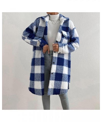 Women's Winter Coat Fuzzy Fleece Sherpa Jacket Long Sleeve Button Down Coat Black White Grid Plush Warm Outerwear Blue $16.52...