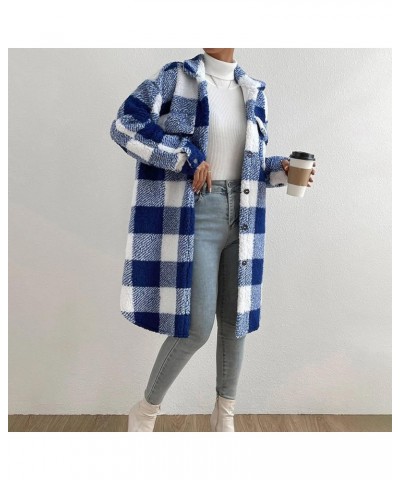 Women's Winter Coat Fuzzy Fleece Sherpa Jacket Long Sleeve Button Down Coat Black White Grid Plush Warm Outerwear Blue $16.52...