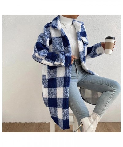 Women's Winter Coat Fuzzy Fleece Sherpa Jacket Long Sleeve Button Down Coat Black White Grid Plush Warm Outerwear Blue $16.52...