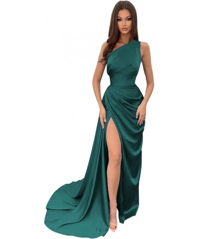 Satin One Shoulder Prom Dresses 2024 with Slit Mermaid Long Formal Evening Gown Peacock $27.60 Dresses