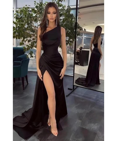 Satin One Shoulder Prom Dresses 2024 with Slit Mermaid Long Formal Evening Gown Peacock $27.60 Dresses