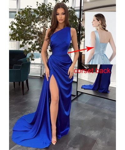 Satin One Shoulder Prom Dresses 2024 with Slit Mermaid Long Formal Evening Gown Peacock $27.60 Dresses