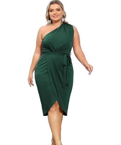 Women's Plus Size One Shoulder Bodycon Dresses Glitter Wrap Hem Belted Cocktail Midi Dress Cotton Dark Green $27.40 Dresses