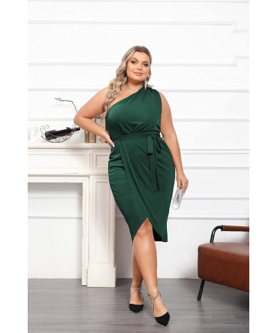 Women's Plus Size One Shoulder Bodycon Dresses Glitter Wrap Hem Belted Cocktail Midi Dress Cotton Dark Green $27.40 Dresses